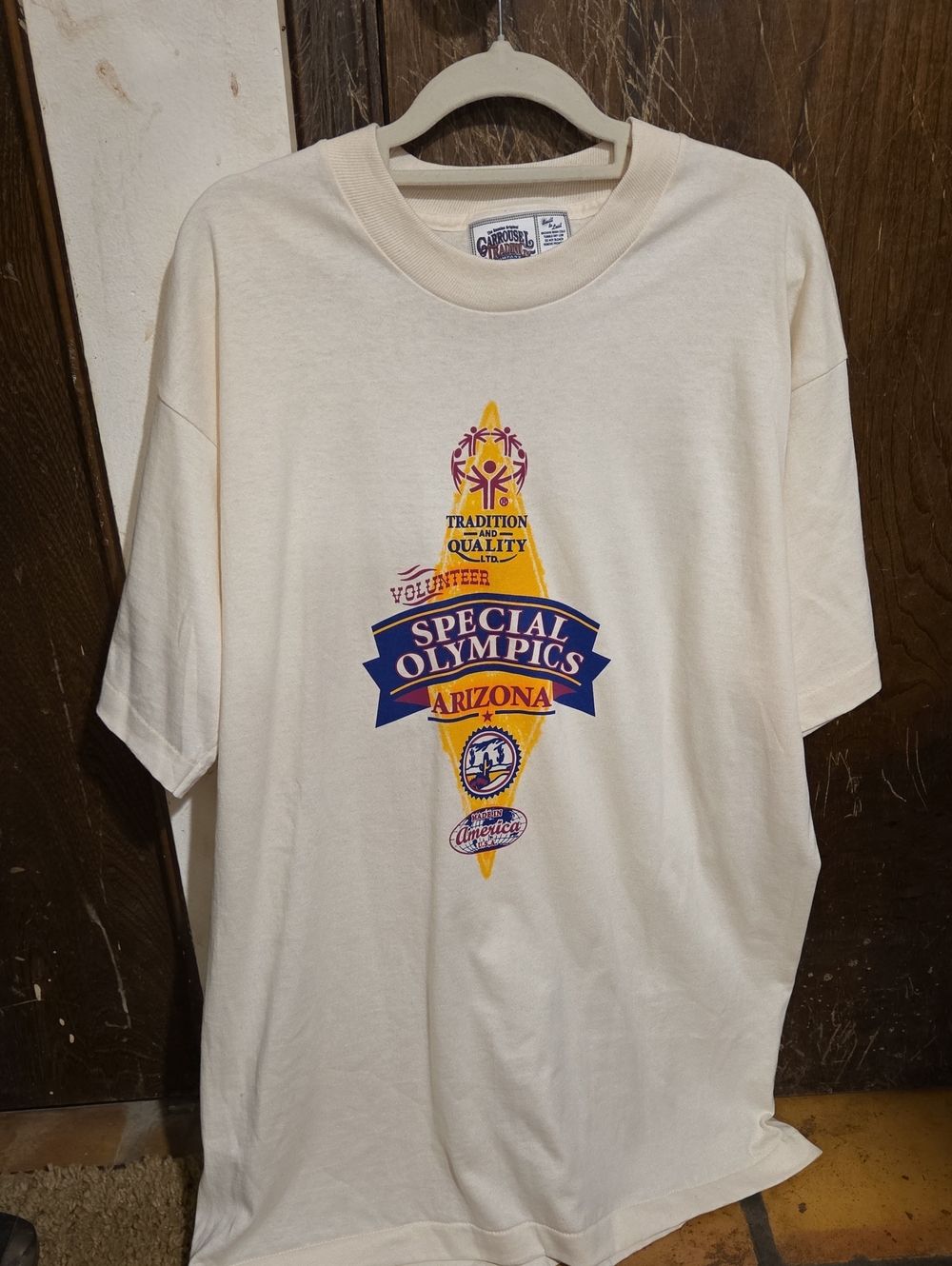 Vtg Special Olympics Arizona Volunteer Cream Short Sleeve Tee Single Stitch NWOT
